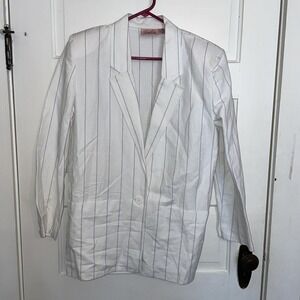 Jaclyn Smith White Linen Jacket with Dark Blue Interrupted Stripes Medium
